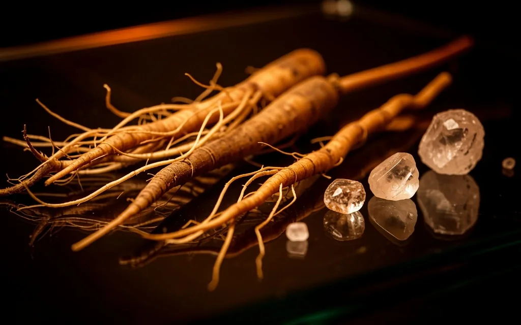 Botanical ingredients and mineral specimens on a dark glass surface