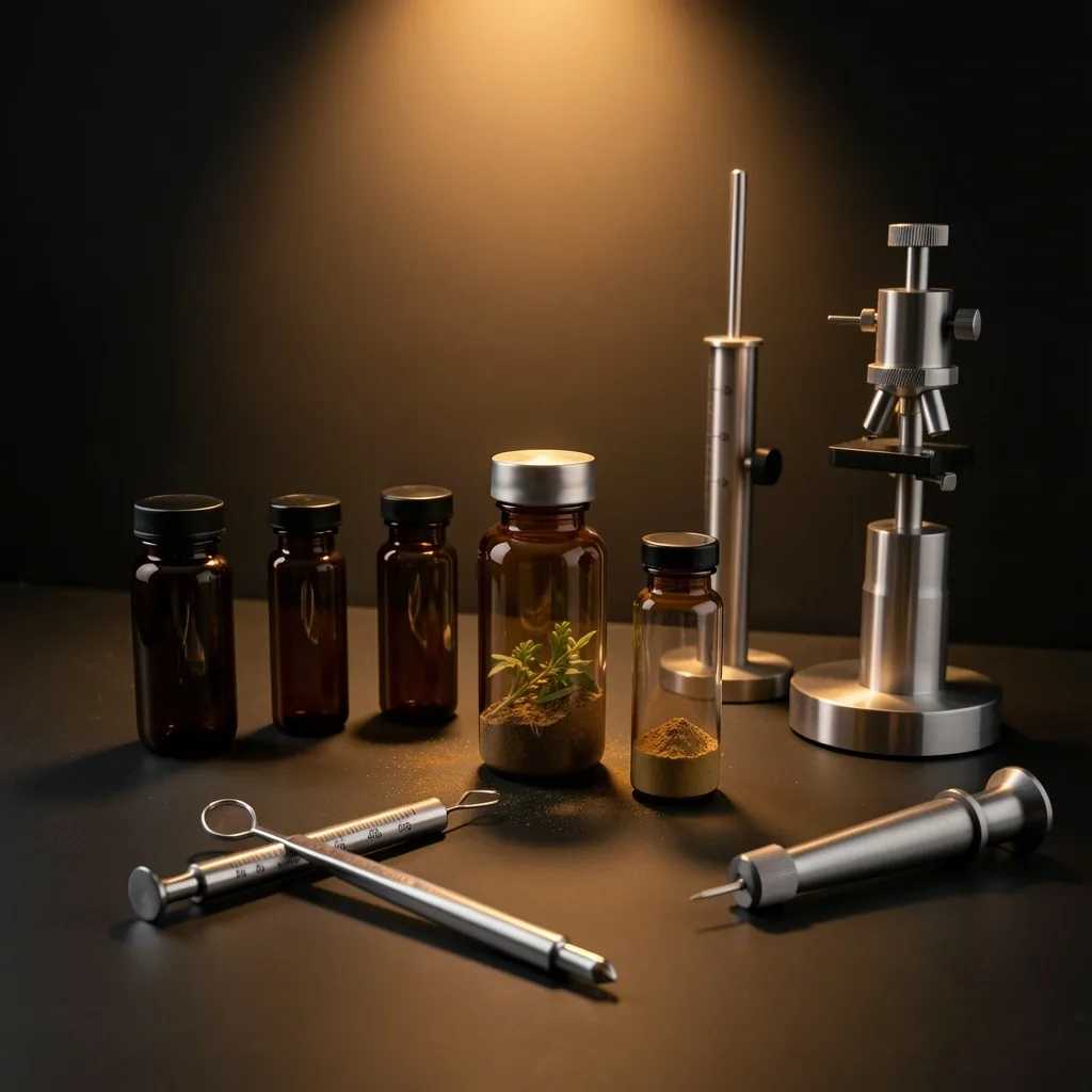 Laboratory vials and measuring instruments on a dark surface