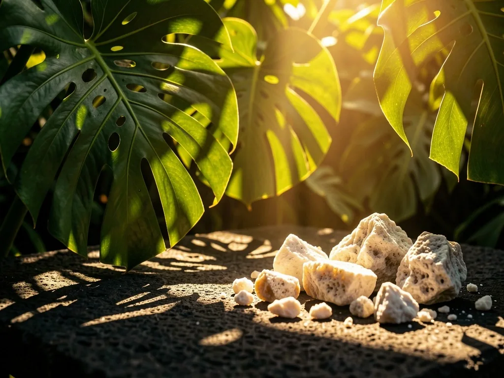 Tropical sunlight filtering through Bali foliage onto mineral fragments