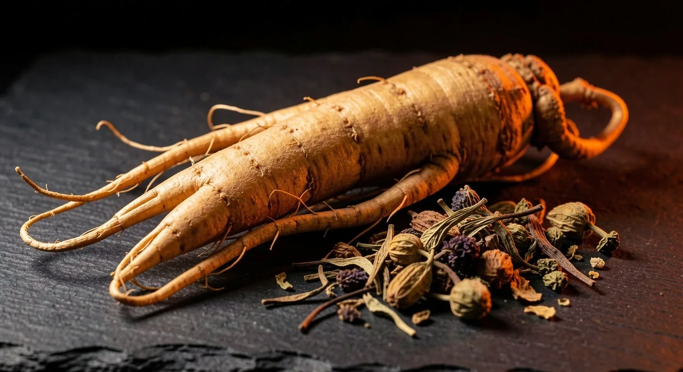 Raw botanical ingredients including ginseng root on dark surface