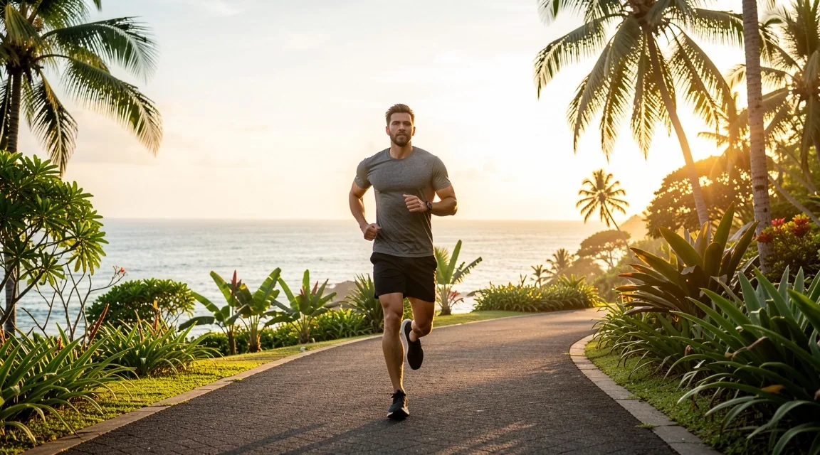 Active man running along a Bali coastal path at dawn