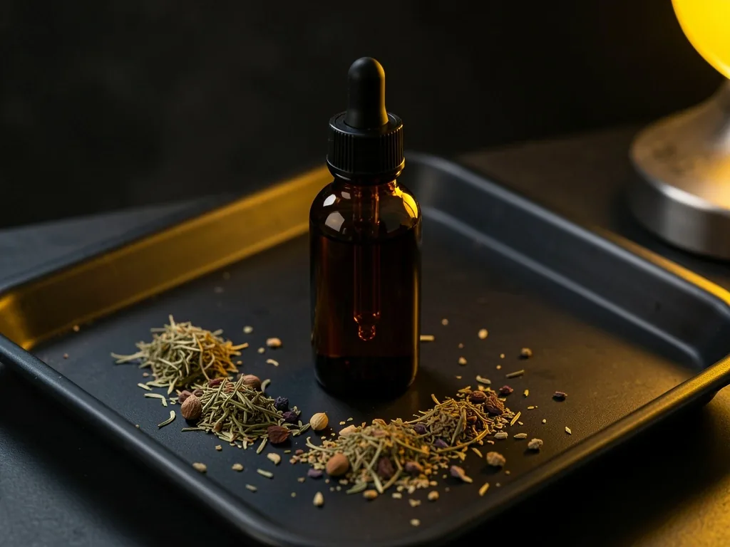 Amber bottle and herbs on a lab tray