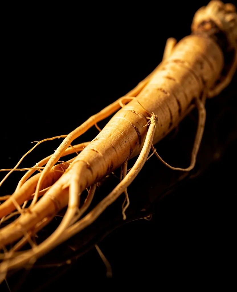 Ginseng root specimen on dark glass