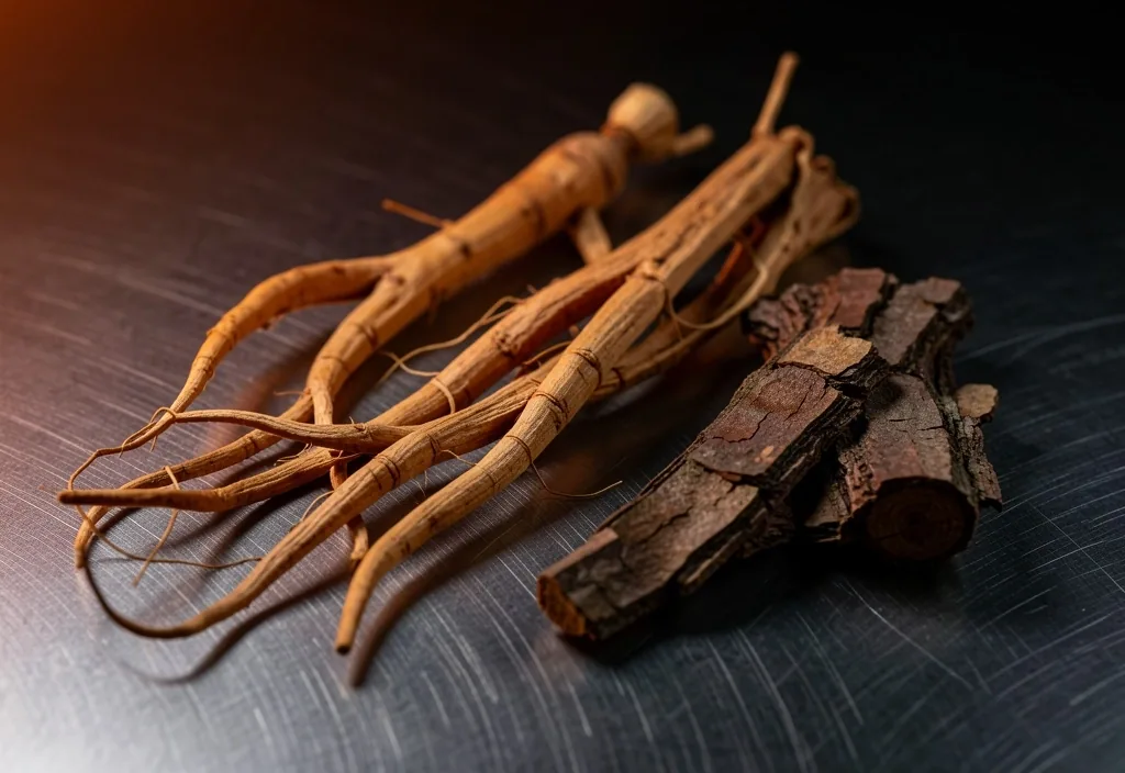 Raw botanical ingredients on a dark surface