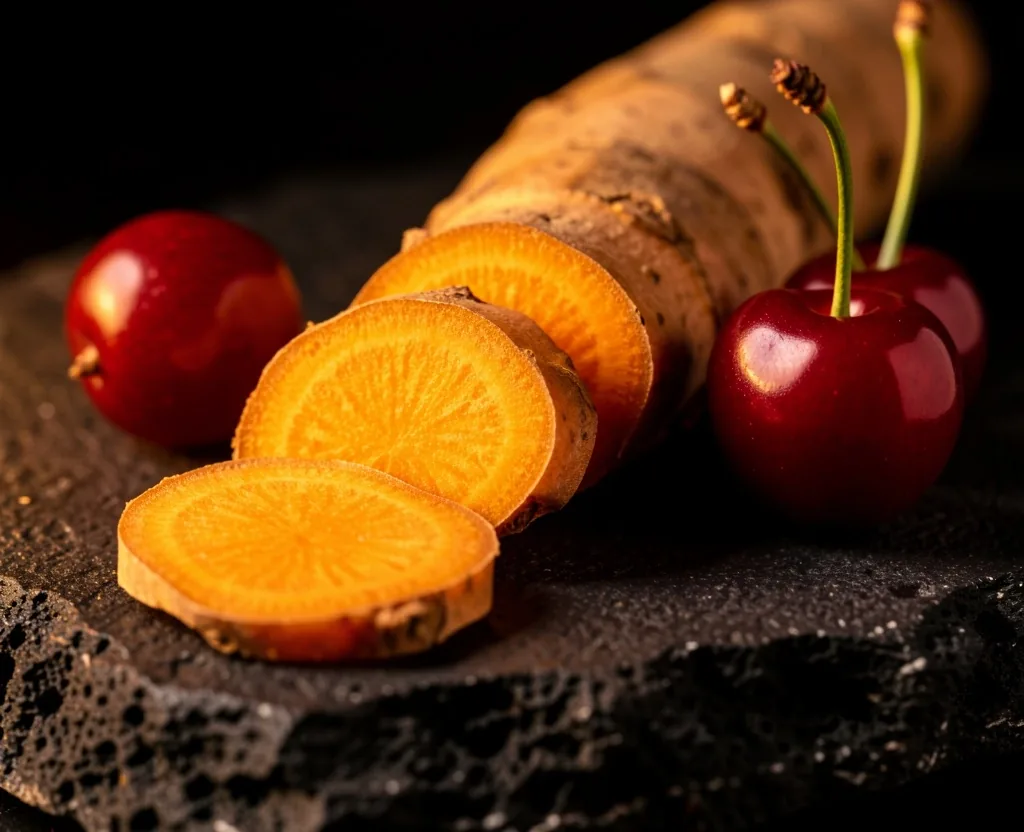 Turmeric root and tart cherries on dark stone
